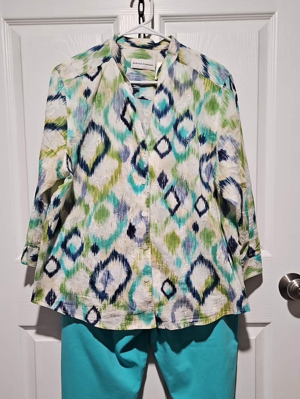 Alfred Dunner Teal, Navy & Lime Ikat-Print Button Front Top